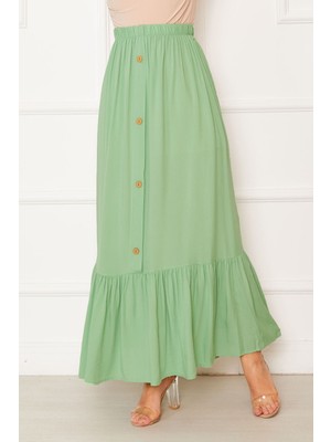 ZMR Beli Lastikli Düğme Detaylı Tesettür Etek Fıstık Yeşili