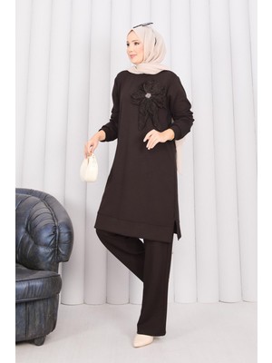 Nz Taş İşlemeli Kabartma Çiçekli Tesettür Takım Kahve