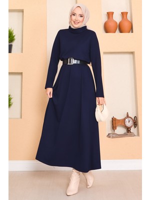 Md Balıkçı Yaka Beli Büzgülü Tesettür Elbise Lacivert