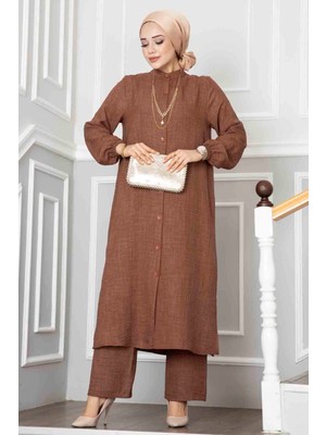 Md Düğmeli Tunik İkili Tesettür Takım Kahve