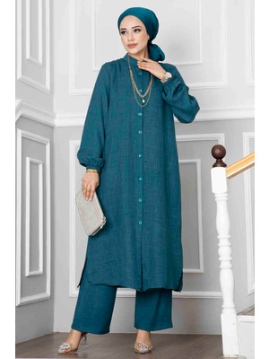 Md Düğmeli Tunik İkili Tesettür Takım Petrol