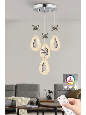 Normadia Modern 4'lü Gümüş Avize, Kumandalı, 3 Renk LED Işık, Şık Tasarım