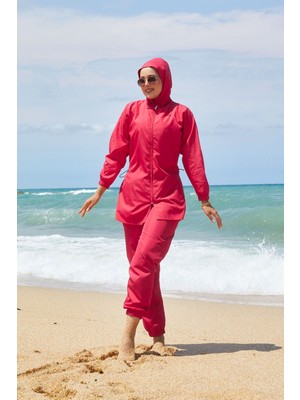 SVS Boydan Fermuarlı Beli Ayarlanabilir Tesettür Mayo Fuşya