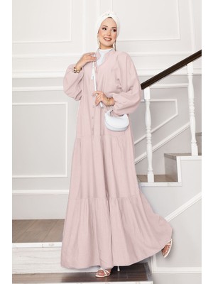 ZNK Önü Yarım Düğmeli Kat Kat Elbise Krem