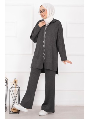 Frx Lüks Taş Şeritli Simli Triko Ikili Takım Antrasit