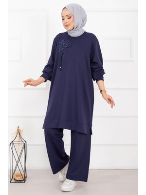 Nz Taş İşleme Çiçek Detaylı Tesettür İkili Takım Lacivert