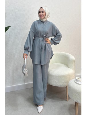 Tesettür Diyarı Kadın Balon Kol Bağcık Detaylı Ikili Takım-Gri