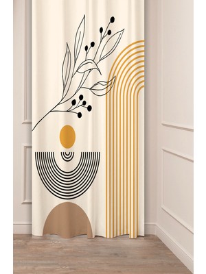 Greendecor Yaprak Bohem Minimalist Bej Krem Desenli Özel Tasarım Dijital Baskılı (Tek Kanat) Modern Fon Perde