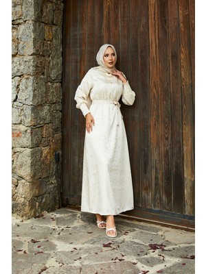 Md Seyyar Kuşaklı Kolları Gipeli Jakar Elbise Bej