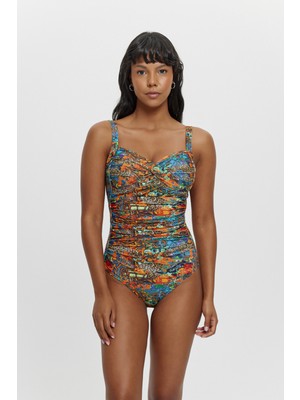 Louren Kadın Drapeli Desenli Toparlayıcı Mayo – Sabit Ince Kaplı, Şekillendirici Tasarım