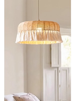 Normadia El Yapımı Hasır ve Makrome Bohem Rustik Konik Püsküllü Avize