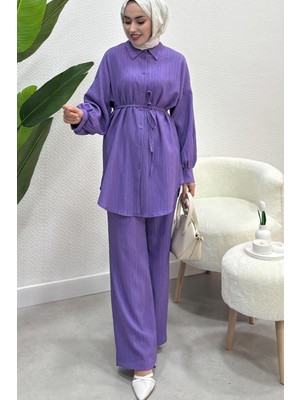 Tesettür Diyarı Kadın Balon Kol Bağcık Detaylı Ikili Takım-Lila