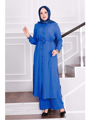 Asm Belden Bağlamalı Pantolonlu Tesettür Takım Mavi