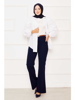Kç Beli Lastikli İspanyol Paça Pantolon Lacivert