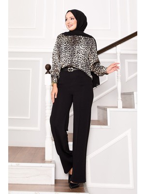 MDS Önü Çımalı Beli Lastikli Palazzo Pantolon  Siyah