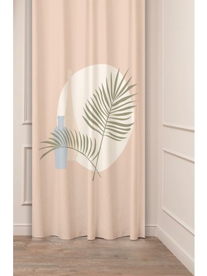 Greendecor Yaprak Vazo Bohem Minimalist Bej Krem Desenli Özel Tasarım Dijital Baskılı (Tek Kanat) Şık Fon Perde