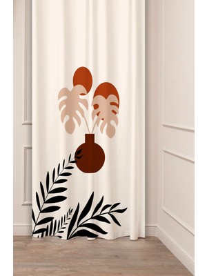 Greendecor Yaprak Vazo Bohem Minimalist Bej Krem Desenli Özel Tasarım Dijital Baskılı (Tek Kanat) Şık Fon Perde