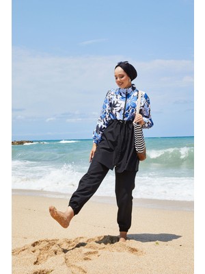 Md Beli Büzgülü Çiçek Desen Tesettür Mayo Indigo