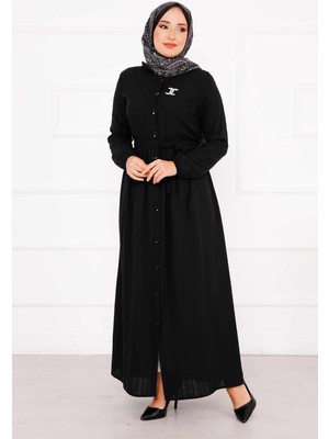 Asm Boydan Düğmeli Kolu Lastikli Elbise Siyah