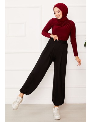 MDS Paçası Lastikli Rahat Kalıp Şalvar Pantolon Siyah