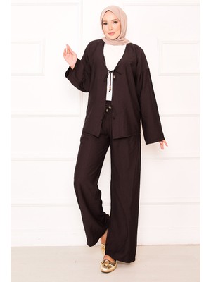 ZNK Önden Bağcık Detaylı Pantolonlu İkili Takım Kahve