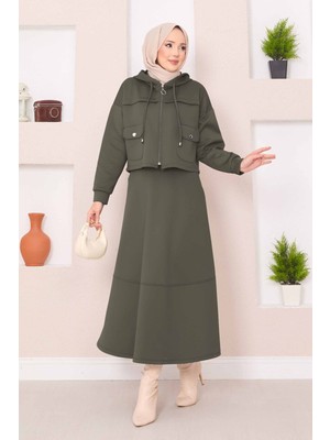 Md Fermuarlı Kapüşonlu Crop Etek Tesettür Takım Haki