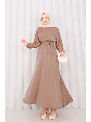 Md Beli Büzgülü Seyyar Kuşaklı Yarasa Kol Tesettür  Elbise Taba
