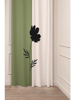 Greendecor Çiçek Bohem Minimalist Bej Yeşil Desenli Özel Tasarım Dijital Baskılı (Tek Kanat) Modern Fon Perde