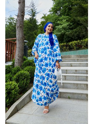 Mlk Gömlek Yaka Modal Desenli Tesettür Elbise Saks