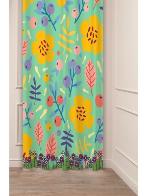Greendecor Çiçekler Yaprak Çizgili Bohem Desenli Özel Tasarım Dijital Baskılı (Tek Kanat) Modern Şık Fon Perde