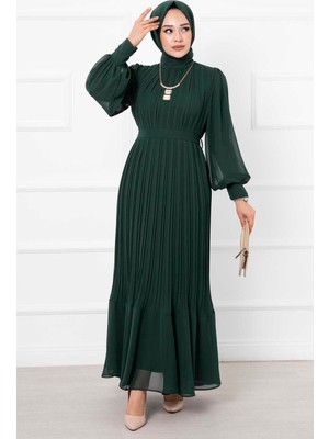 Md Kolları Organze Tesettür Abiye Zümrüt