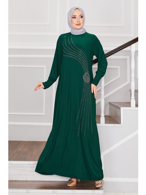 Nz Taş Detaylı Sandy Tesettür Elbise Zümrüt