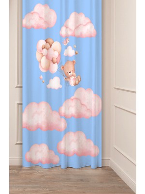 Greendecor Özel Tasarım Ayıcık Yıldız Ay Balon Desenli Dijital Baskılı (Tek Kanat) Çocuk Odası Modern Fon Perde