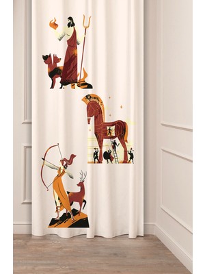 Greendecor Yunan Mitolojisi Şimşek At Gemi Antik Desenli Özel Tasarım Dijital Baskılı (Tek Kanat) Şık Fon Perde