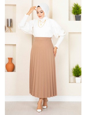 MDS Beli Lastikli Piliseli Tesettür Etek Vizon