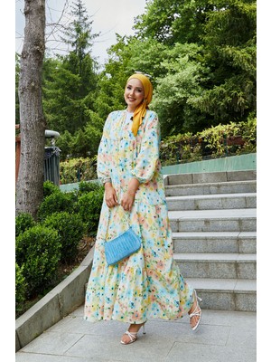 Mlk Modal Çiçek Desenli Tesettür Elbise Sarı