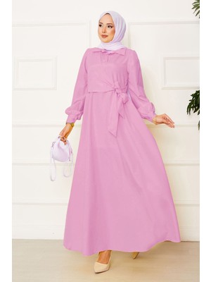 EFL Yandan Bağlamalı Gömlek Yakalı Elbise Pembe