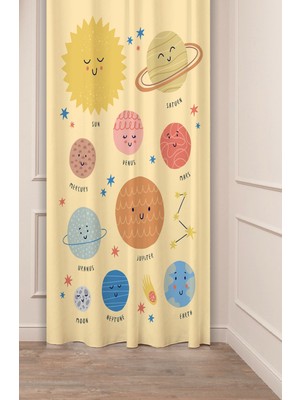 Greendecor Gezegenler Merkür Mars Özel Tasarım Desenli Dijital Baskılı (Tek Kanat) Çocuk Odası Modern Fon Perde