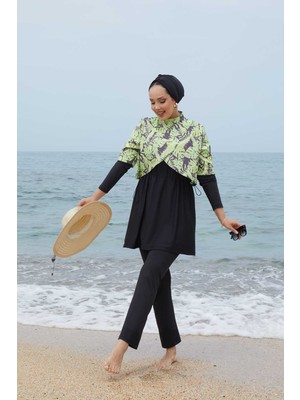 Md Üstü Allerli Desenli Tesettür Mayo Yağ Yeşil