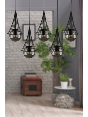 Normadia Lapis 5'li Sıralı Avize Siyah Füme Cam Modern Tasarım