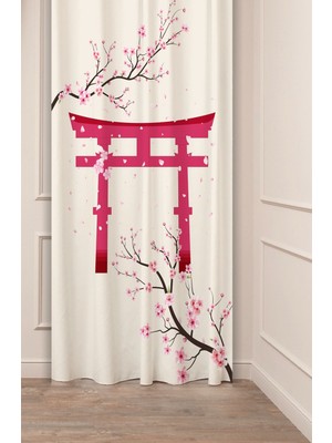 Greendecor Sakura Çiçek Bohem Japonya Soft Bej Pembe Desenli Özel Tasarım Dijital Baskılı (Tek Kanat) Fon Perde