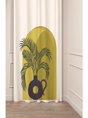 Greendecor Yaprak Vazo Bohem Minimalist Bej Krem Desenli Özel Tasarım Dijital Baskılı (Tek Kanat) Şık Fon Perde