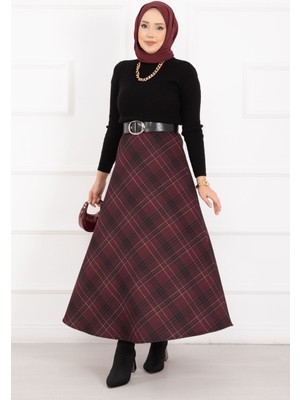 Kç Ekose Desen Scuba Etek Bordo