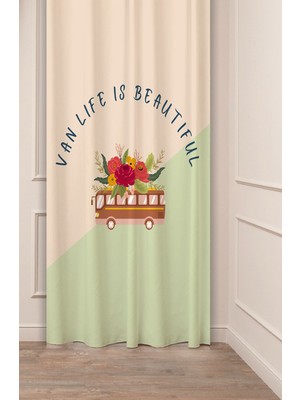 Greendecor Life Is Beautiful Çiçekler Bohem Desenli Özel Tasarım Dijital Baskılı (Tek Kanat) Bej Krem Fon Perde