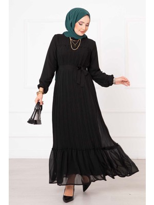 Pol Kuşaklı Piliseli Şifon Tesettür Tesettür Elbise Siyah