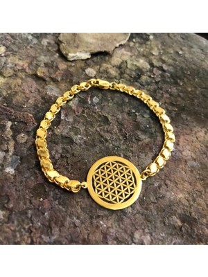 Kadın 925 Ayar Gümüş Pullu Zincir Yaşam Çiçeği Bileklik 24 Ayar Altın Kaplama