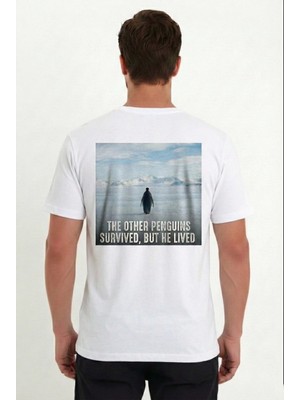 Alfanora Erkek Oversize Tişört - Sırt Baskılı "survivor Penguin" Temalı, Felsefi Yazılı Bisiklet Yaka Tişört - Beyaz
