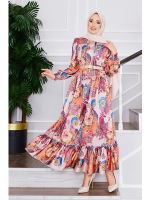 Md Çiçek Desenli Kemerli Tesettür Elbise Bej