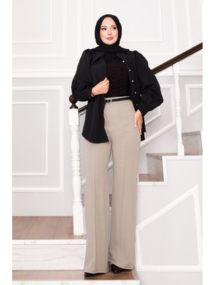 MDS Önü Çımalı Beli Lastikli Palazzo Pantolon Taş