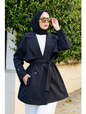 Md Seyyar Kuşaklı Düğmeli Kısa Trençkot Siyah